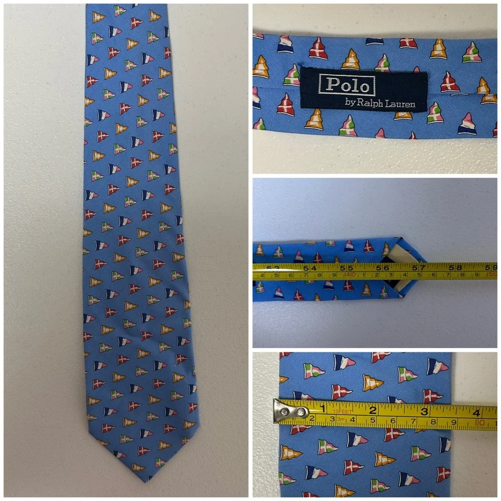 Polo Ralph Lauren Necktie Mens Light Blue Nautical Pennant Flag Silk Italy 57
